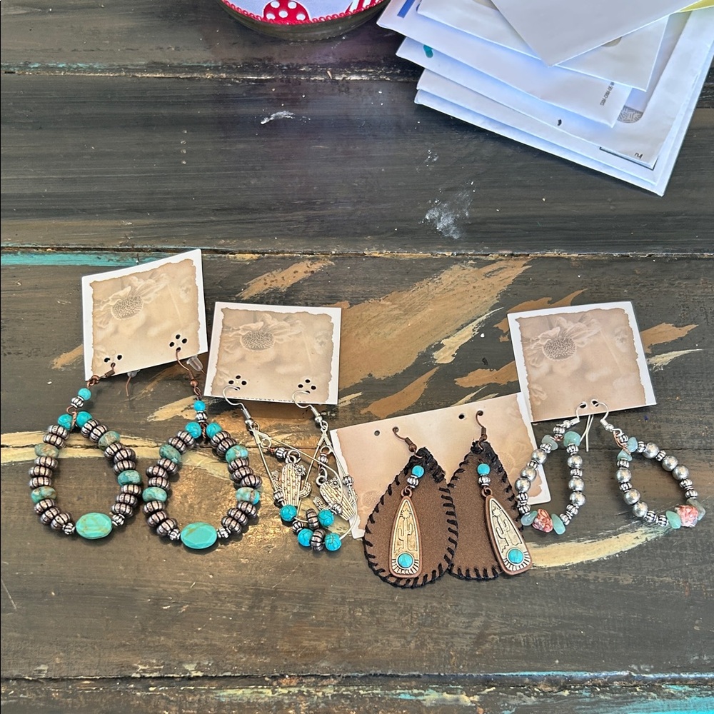 Turquoise and Silver Beaded Earrings Set